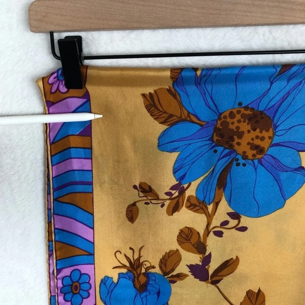 VTG Sant'Angelo Floral Geometric Oblong Scarf Blue Purple Gold‎ Fringe 14